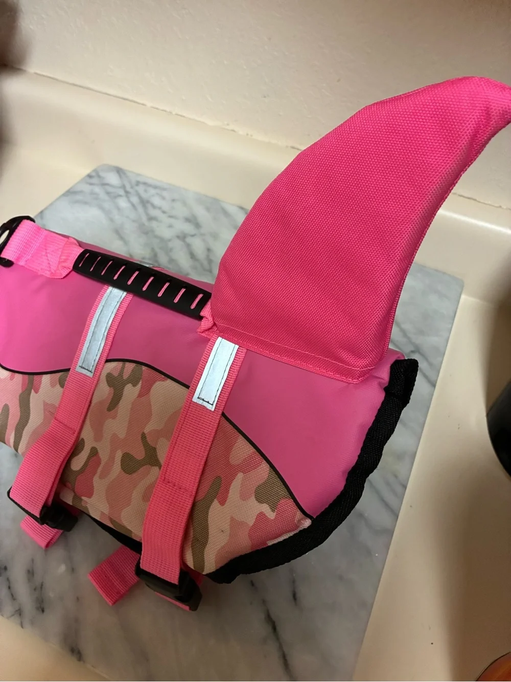 Pink Camo Dog Life Jacket with Handle and shark Fin